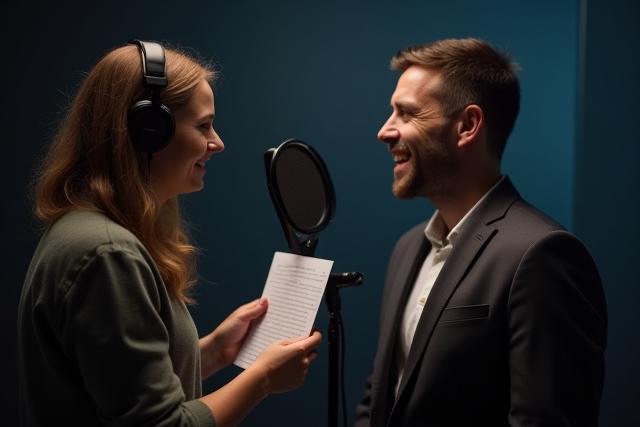 Person mit Kopfhörer coacht Sprecher im Aufnahmestudio